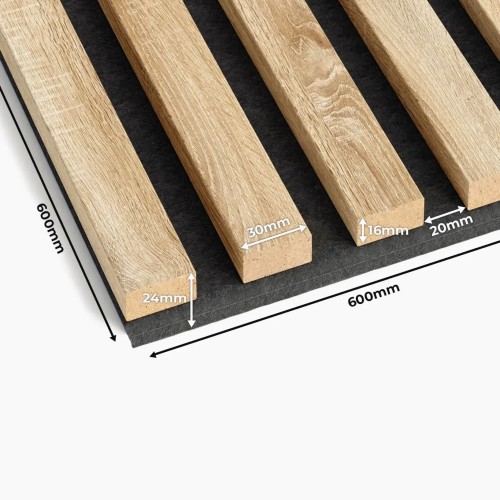 Dimension diagram of a Sonoma oak slatted panel on black felt: 600x600 mm, slat width 30 mm, spacing 20 mm.