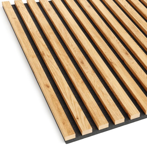 Natural oak-coloured wooden wall slats mounted on a black felt backing.