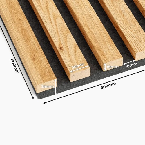 Diagram showing the dimensions of a natural oak-coloured wall slat panel on black felt.