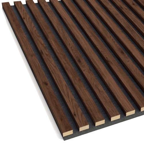 Walnut-coloured wall slats with visible grain on a black felt backing.