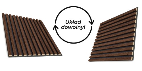 Panel with walnut slats on felt, shown in vertical and horizontal arrangements with the label ‘Any arrangement’.