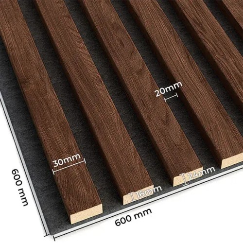 Walnut-coloured decorative slats on black felt, with the dimensions of the strips and the 600x600 mm panel shown.