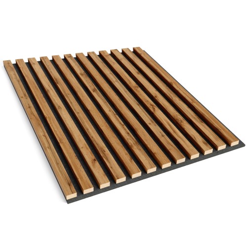 Wotan oak-coloured wooden wall slats mounted parallel to one another on a black felt backing.