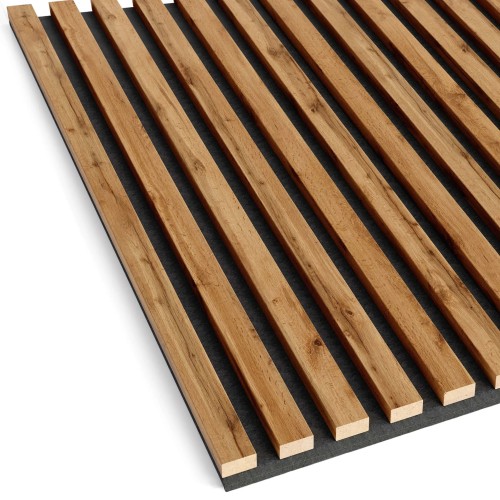 Wall panel with vertical Wotan oak-coloured slats on a black felt backing.