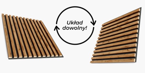 Wotan oak slats on felt shown in vertical and horizontal arrangements, with the text “Any arrangement”.