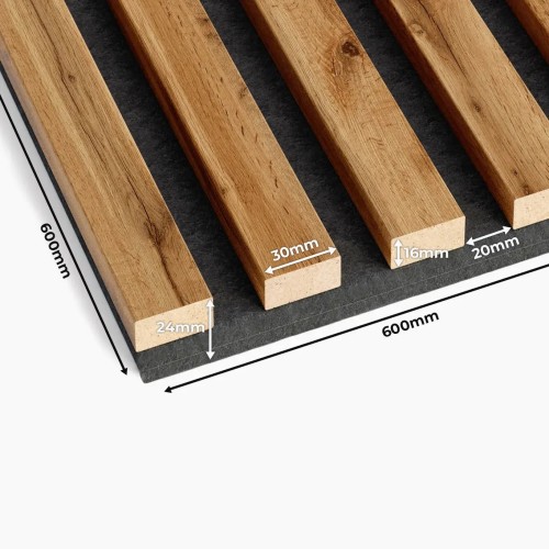 Dimensions of a 60x60 cm Wotan oak decorative slat panel on black felt, with thicknesses and gaps indicated.