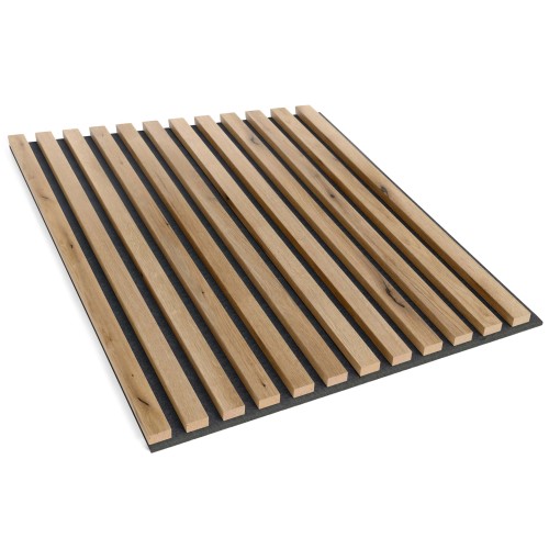 Artisan oak-coloured wall slats attached to a black felt backing.