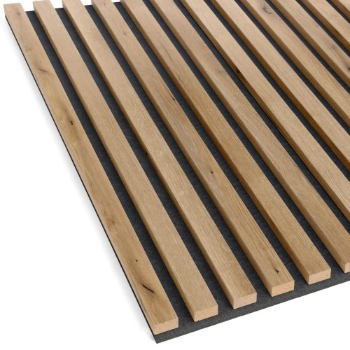 Artisan oak-coloured wall slats mounted on a dark felt backing.