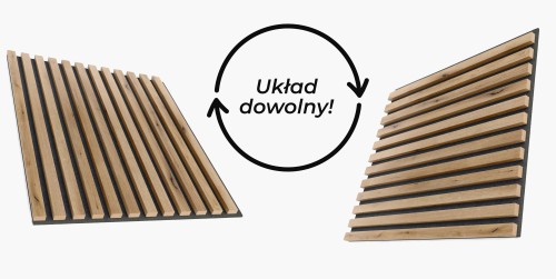 Artisan oak slats on black felt arranged vertically and horizontally, with a rotation icon and the text “Any arrangement”.