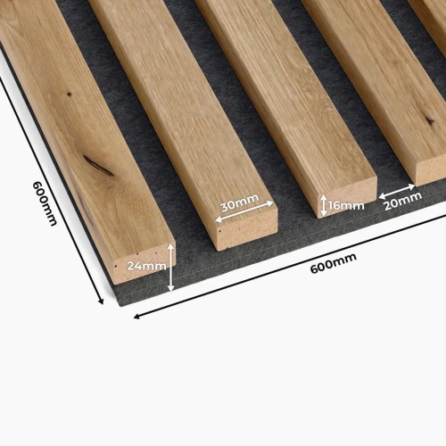 Dimension diagram of an artisan oak slatted panel on black felt: 600x600 mm, slats 30x16 mm, spacing 20 mm.
