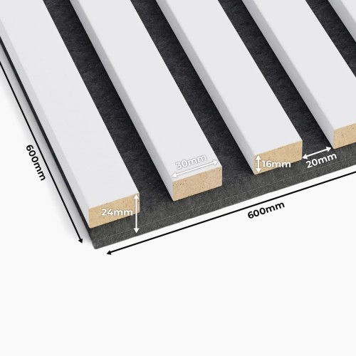White wall slats on black felt, 60x60 cm, with the dimensions of the slats shown.