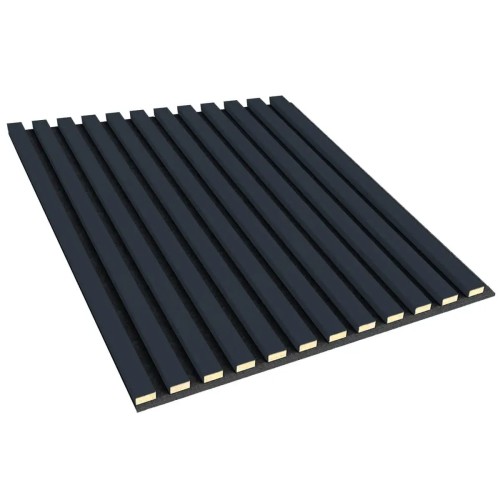 Wall panel with anthracite decorative slats on black felt.