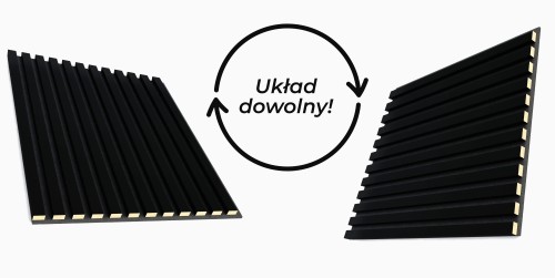 Black wall slats on felt, shown in vertical and horizontal layouts, with the text ‘Arrange as you like!’