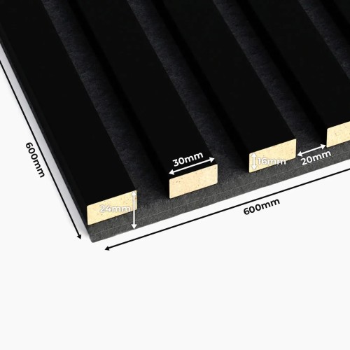 Dimensions of a black wall slat panel on felt: 600x600 mm, slat width 30 mm, gap 20 mm, height 24 mm.