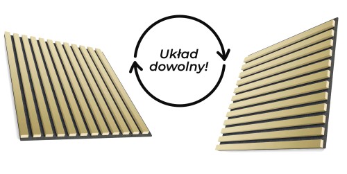 Wall slats on black felt shown in vertical and horizontal arrangements, with the text “Any arrangement”.