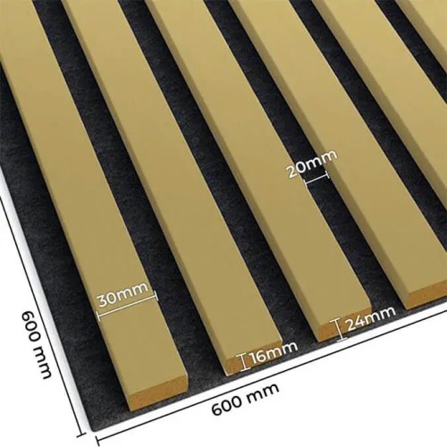 Gold slats on black felt, measuring 600x600 mm, with the thicknesses and spacing of the slats indicated.