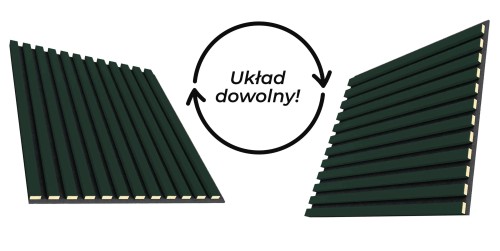 Bottle-green slats on felt shown in vertical and horizontal arrangements, with the text “Any arrangement”.