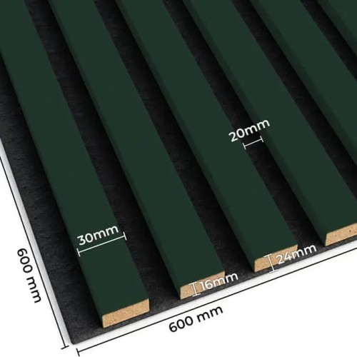 Dimensions of a wall panel with green slats on black felt: 600x600 mm, slat width 30 mm, gap 20 mm.