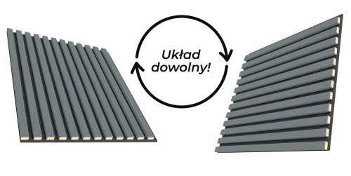 Grey wall slats on felt arranged vertically and horizontally, with the words ‘Any arrangement’.
