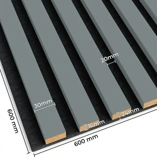 Grey slats on black felt with strip dimensions shown: 30 mm wide, 20 mm spacing and 24 mm thick.