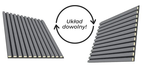 Grey slats on black felt arranged vertically and horizontally, with the words ‘Any arrangement’.