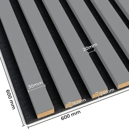 Grey wall slats on black felt with the technical dimensions of the 600x600 mm panel shown.