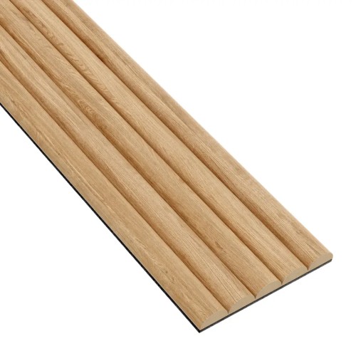 Fluted natural oak-coloured wooden wall panel with raised semi-cylindrical strips on a black backing.