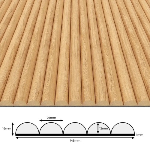 Fluted panel with natural oak half-round slats and a diagram showing the technical cross-section dimensions.
