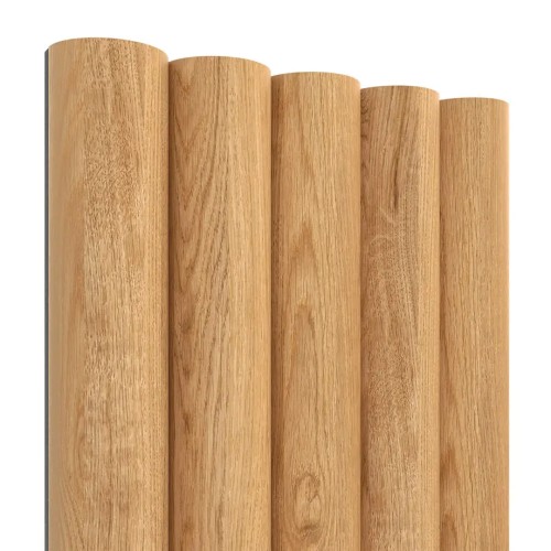 Fluted panel with natural oak-coloured half-round slats and a wood grain finish