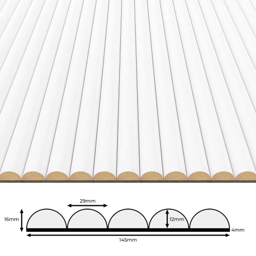White fluted panel with half-round profiles and a technical cross-section with dimensions: width 145 mm, height 16 mm.