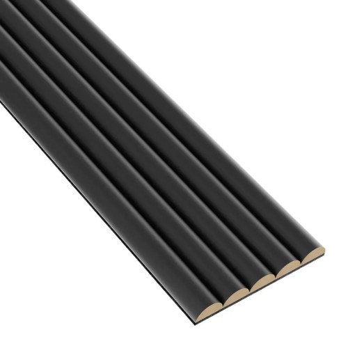 Black fluted panel with half-round MDF profiles – a decorative wall trim.