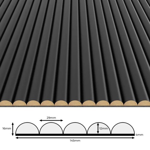 Black fluted panel with half-round profiles, alongside a technical diagram showing dimensions: 145 mm wide and 16 mm high.