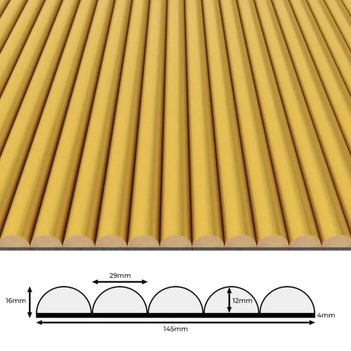 Gold fluted panel with half-rounds and a technical cross-section drawing with dimensions of 16x145 mm.