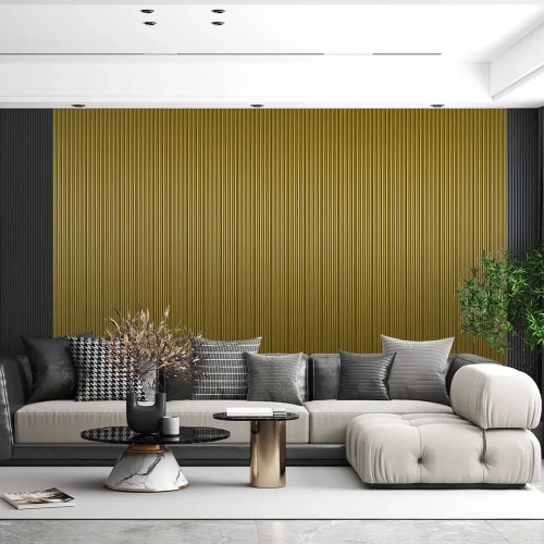 Gold fluted panel on the wall behind a light-coloured sofa in a modern living room.