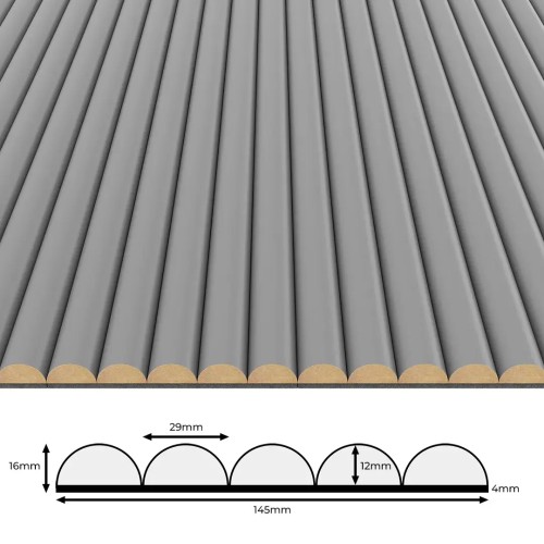 A grey wall panel with half-round mouldings and a technical cross-section diagram with dimensions of 16x145 mm.