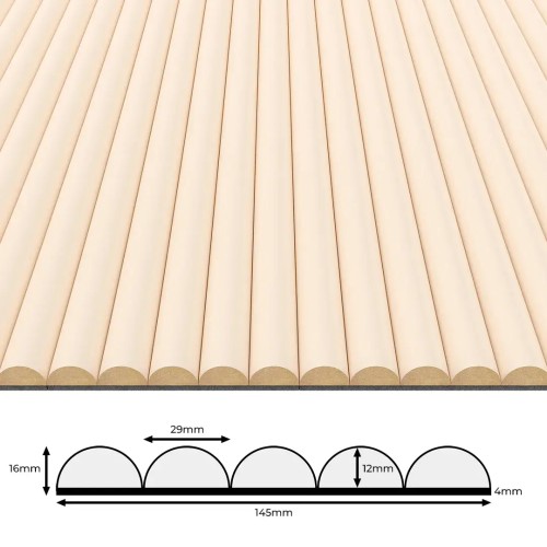 Beige wall fluted panel with half-round profiles and its cross-section, with dimensions shown.