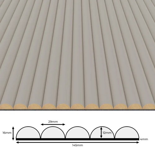 Cashmere fluted panel with half-round slats and a cross-section showing dimensions of 16 mm high and 145 mm wide.