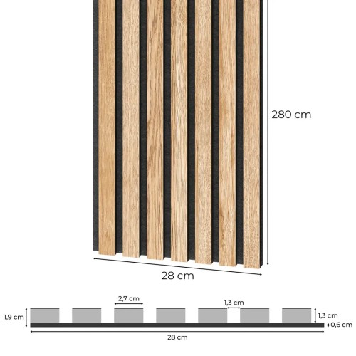 Oak acoustic panel on black felt, measuring 280x28 cm, with a cross-section and dimension diagram.