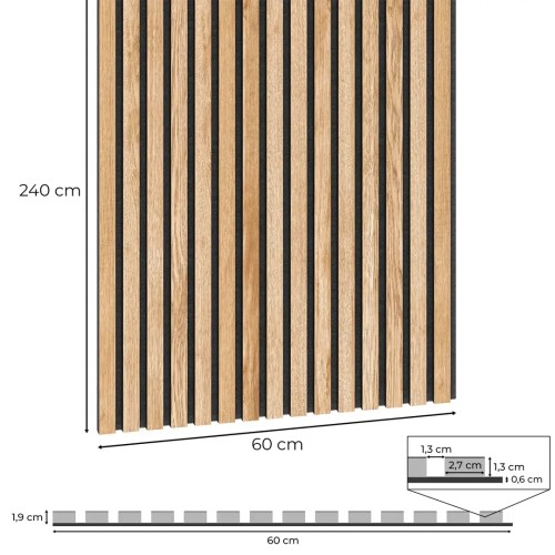 Acoustic panel with oak slats on black felt, labelled with dimensions of 240x60 cm and showing a cross-section drawing.