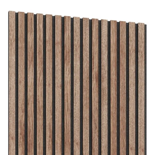 Acoustic panel with vertical American walnut-coloured slats on black felt.
