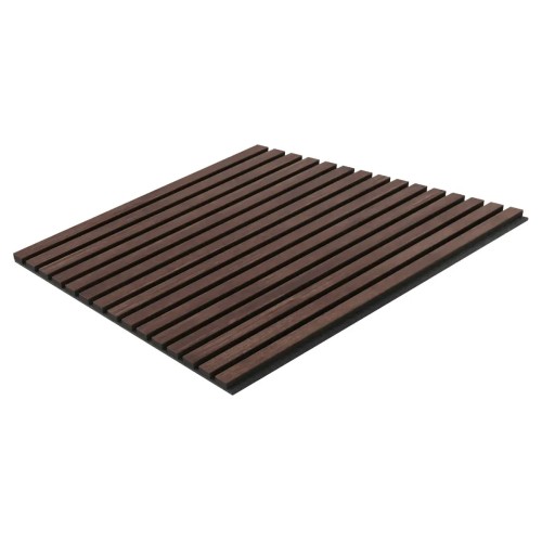 A chestnut-coloured slatted acoustic panel with veneer on a black felt backing.