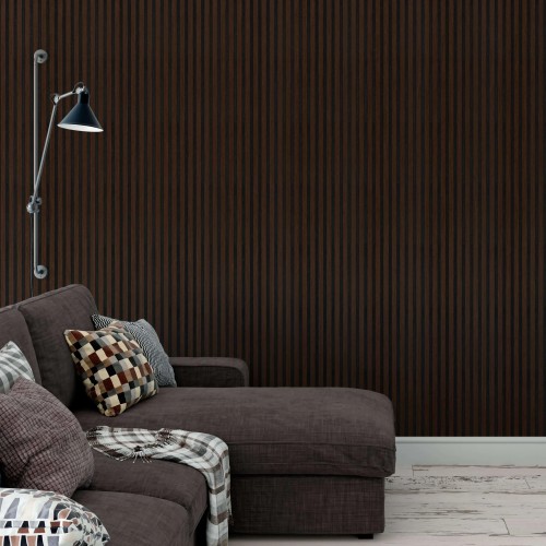 A chestnut-veneered acoustic panel on the wall of a modern living room, behind a brown sofa.
