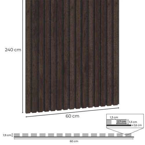 A technical drawing showing the dimensions of a chestnut acoustic panel: 240 cm high, 60 cm wide and 1,9 cm thick.