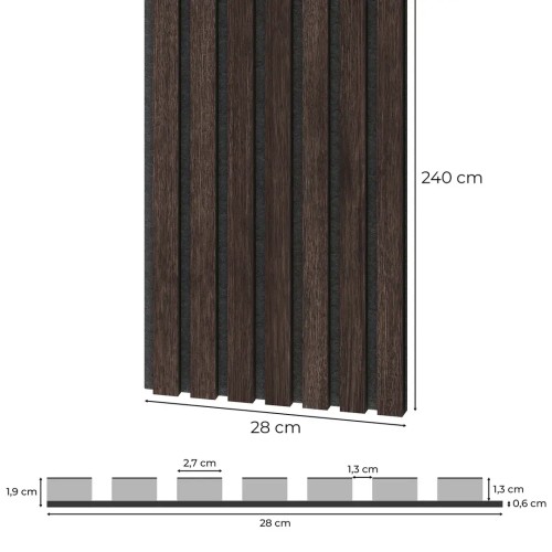 Dimension diagram of a chestnut-coloured acoustic panel: height 240 cm, width 28 cm, thickness 1.9 cm.