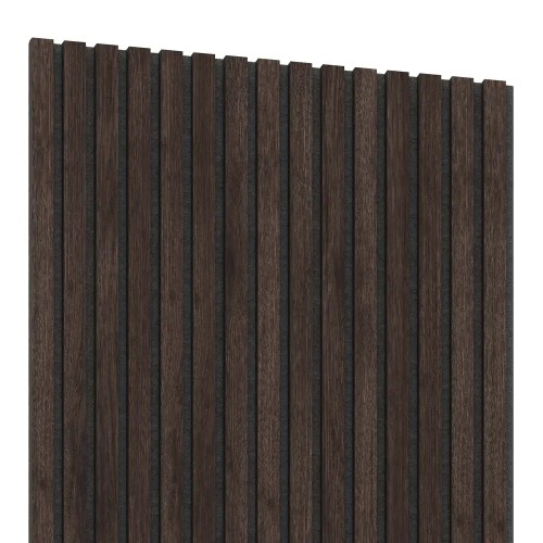Vertical chestnut-coloured veneered wall slats on a black felt backing.