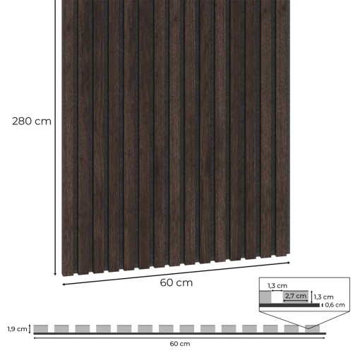 A drawing showing the dimensions of an acoustic slat panel: 280x60x1,9 cm, with a cross-section of the slats on felt.