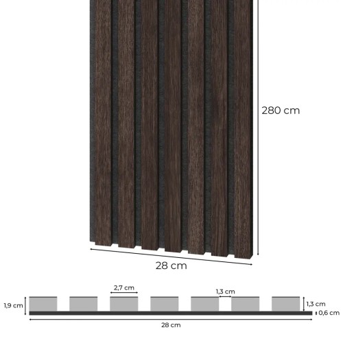 Dimensions and cross-section of a chestnut-coloured veneered acoustic panel with black felt.