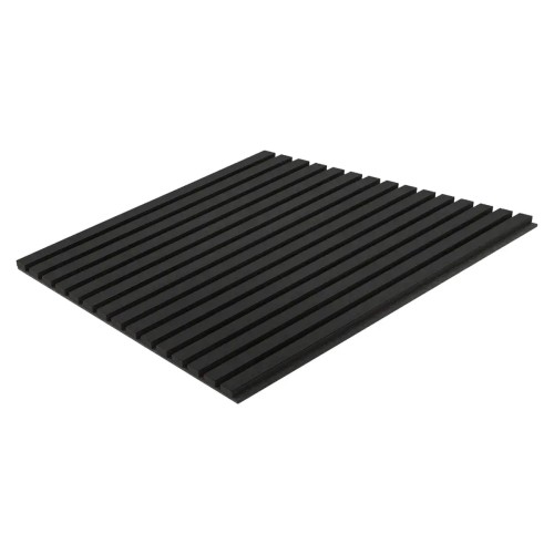 Black acoustic panel with parallel slats on a felt backing.