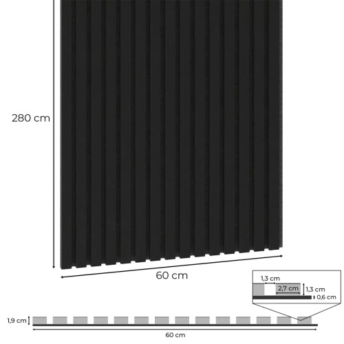 A technical drawing showing the dimensions of a black acoustic slat panel, 280x60 cm and 1,9 cm thick, with a cross-section of the slats.