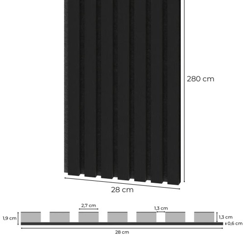A drawing showing the dimensions of a black slat panel on felt: 280 cm high, 28 cm wide and 1,9 cm thick.